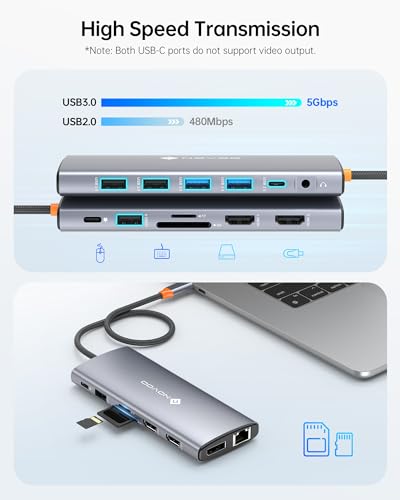 NOVOO USB C Docking Station Dual Monitor for Laptop, 14 in 1 Hub Adapter Thunderbolt 3 to Dual 4K60 HDMI+8K30 DP USB C/A Data 100W PD RJ45 SD/TF - style: 14-in-1