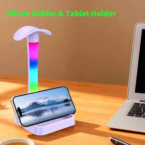 Headphone Stand with Charger,Gaming Headset stand with RGB Light Mode,For Airpod Max Stand,Desk Lamp,Phone Holder,Tablet Holder,desktop organizer,Gifts for Gamers & Music Lover (Purple) - color: Purple