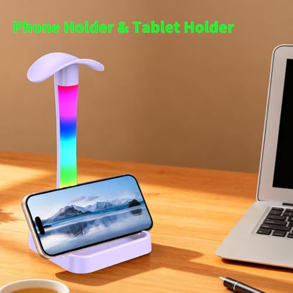 Headphone Stand with Charger,Gaming Headset stand with RGB Light Mode,For Airpod Max Stand,Desk Lamp,Phone Holder,Tablet Holder,desktop organizer,Gifts for Gamers & Music Lover (Purple) - color: Purple