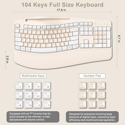 Wireless Keyboard and Mouse Combo, 2.4G Ergonomic Wave Keys(Milk Tea-A) | Full Size Ergonomic Keyboard with Wrist Rest, Phone Holder, 3-Level DPI Silent Mouse with 6-Buttons,for Windows/Mac OS/Laptop - color: Milk Tea-A