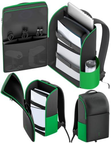 LVVIL Backpack for P5/ Slim/ Pro Console, Fully Zip-Open P5 Carrying Case Travel Bag, Large Capacity P 5 Storage Bag for Dual Controllers,P S Portal, Laptop, Game Cards, with 3 Cable Pouch, Green - color: Green