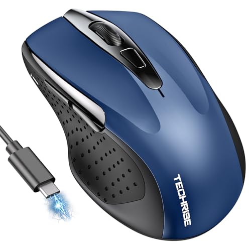TechRise Bluetooth Mouse (BT5.0/3.0 & 2.4G) Rechargeable Wireless Mouse, 4800 DPI Optical Tracking, 6 Adjustable DPI, 2.4GHz with USB A Receiver, Quiet Clicks, Ergonomic Grips, 6 Buttons - Blue - color: Blue