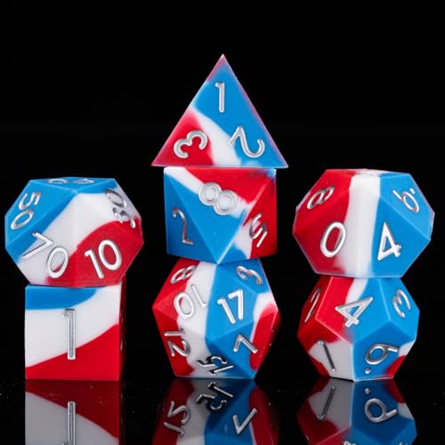 D&D Silicone Rubber Polyhedral DND Dice Set,Sharp Edges Soft Perfect Bouncer for Dungeons and Dragons, RPG, MTG (D4, D6, D8, D10, D12, D20, D%) for Ages 15 and Up - color: Blue White Red