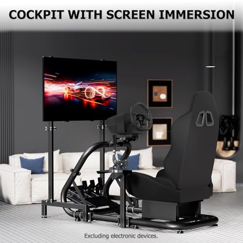 Supllueer Racing Sim Cockpit with Ergonomic Seat and Single Monitor Stand | 50mm Large Round Tube Simulator Stand Fit for Logitech/Fanatec/Thrustmaster G27 G923 G920 , No Steering Wheel Shift Pedal TV