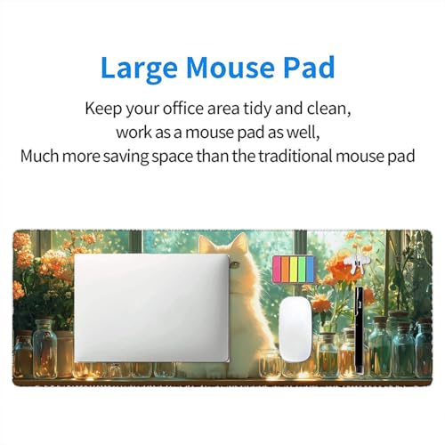 Cute Kawaii White Cat Desk Mat Green Plant Leaves Anime Extended Gaming Mouse Pad Mat with Stitched Edge Non-Slip Base Big Mouse Pad 31.5"x11.8" Office Computer Keyboard Laptop Home - color: Cute Kawaii White Cat_004, size: 11.8" x 31.5"
