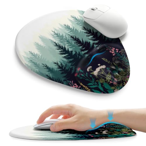 Palm-Rest and Wrist-Hugging Mouse Pad Wrist Rest, Ergonomic Wrist Support with Curve Fitting Cushioned Memory Foam for Carpal Tunnel Pain Relief, 9.9 x 8.3 Inch, Misty Forest - color: Misty Forest