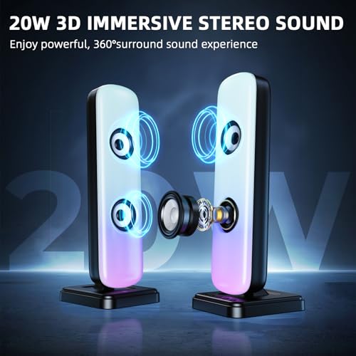 NJSJ Computer Speakers for Desktop, 20W Hi-Fi Stereo Gaming Speakers with Bluetooth & 3.5mm Aux-in Connection, Controllable RGB Lights, AC Adapter Powered PC Speakers for Laptop, Monitors, Phones, TV