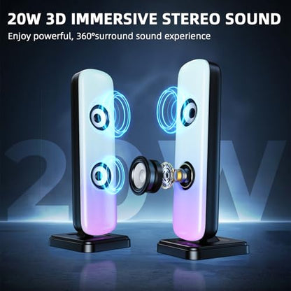 NJSJ Computer Speakers for Desktop, 20W Hi-Fi Stereo Gaming Speakers with Bluetooth & 3.5mm Aux-in Connection, Controllable RGB Lights, AC Adapter Powered PC Speakers for Laptop, Monitors, Phones, TV