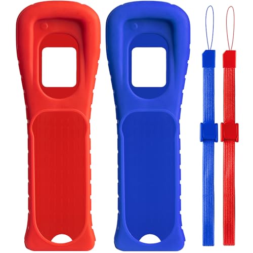 XiQiDianr 2 Packs Silicone Skin Case Cover with Wrist Strap Compatible with Nintendo Wii Remote Controller (Red+Blue) - color: Blue+Red
