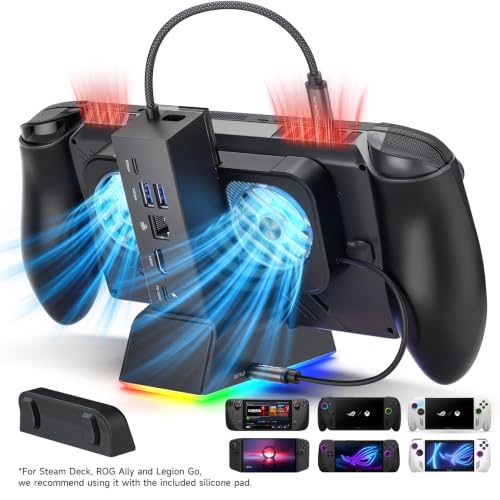 JSAUX Docking Station for ROG Ally X/ROG Ally/Steam Deck/Legion Go, 7-in-1 ROG Ally X Dock with RGB Cooling Fan, HDMI 4K@120Hz, Gigabit Ethernet, Dual USB & USB C 3.0, 100W PD Charging - HB0705 - color: Black-RGB Fan Cooling