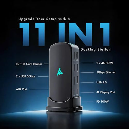 Type C 11 in 1 Wozoyo Docking Station, PD 100W, 2X4K@60Hz HDMI, 4K DisplayPort,2XUSB 5Gbps, 1 Gigabit Ethernet, SD/TF,AUX Port, Compatible Thunderbolt 4, macOS, Windows, Android & iOS - style: 11-in-1