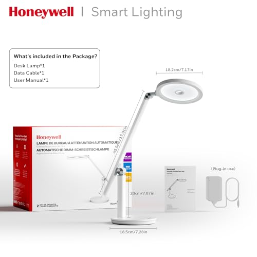 Honeywell H6 Desk Lamp for Home Office, Dimmable Reading Table Light, White | Sunturalux CRI≥97, RG0 Low Blue Light, Flicker-Free, 800LM Dimmable with Timer for Webcam, Study, Office & Bedroom - color: White