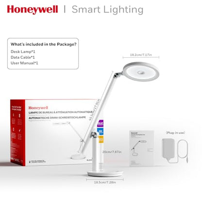 Honeywell H6 Desk Lamp for Home Office, Dimmable Reading Table Light, White | Sunturalux CRI≥97, RG0 Low Blue Light, Flicker-Free, 800LM Dimmable with Timer for Webcam, Study, Office & Bedroom - color: White