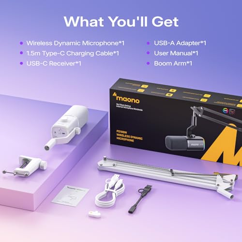 MAONO PD100W Wireless USB Dynamic Microphone, Gaming PC Mic with One-Click Noise Reduction,Mute Button,Custom RGB,3.5mm Headphone Jack,Software,Podcast Streaming Mic (Boom Arm(USB-C Receiver), White) - color: White