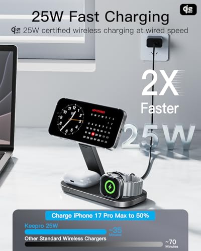 3-in-1 Charging Station for Apple Device, Qi2 25W Certified Magnetic Wireless Foldable Fast Charger Stand Compatible with MagSafe for iPhone 17e/17/16/15/14/13/12/Air Series, Apple Watch & AirPods - color: MatteBlack