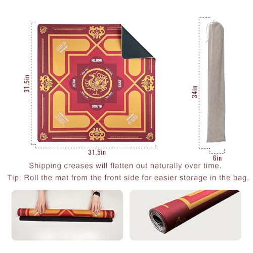 Mahjong Mat 31.5" x 31.5" Non-Slip Noise-Reducing American Mah Jongg Table Mat with Carry Bag, Waterproof Gaming Surface for Poker, Card, Dominoes, Board & Tile Games - color: Vermilion Phoenix