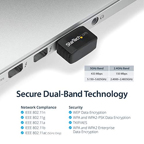 StarTech.com Wireless USB WiFi Adapter – Dual Band AC600 Wireless Dongle - 2.4GHz / 5GHz - 802.11ac Wi-Fi Laptop Adapter (USB433ACD1X1) | Dual Band AC600 Wireless Dongle, 802.11ac Wi-Fi Laptop Adapter - size: 433 Mbps AC (Nano), style: USB 2.0