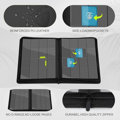 16 Pockets Trading Card Zipper Binder for 1000+ Cards| Secure Side Loading Pockets | Trading Card Album Folder | Compatible with YuGiOh, MTG,Sports Cards (Black 16) - color: Black 16