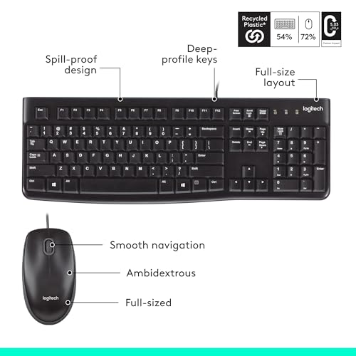 Logitech MK120 Full Size Wired Keyboard and Mouse Combo - Black | Full size wired keyboard, optical wired mouse, USB plug-and-play, Windows only, pc and laptop compatible
