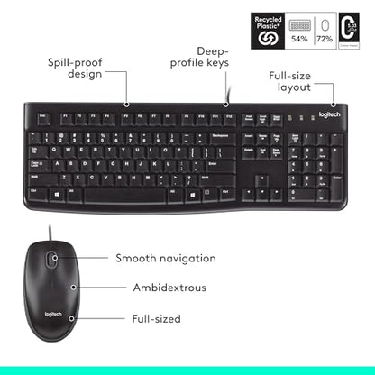 Logitech MK120 Full Size Wired Keyboard and Mouse Combo - Black | Full size wired keyboard, optical wired mouse, USB plug-and-play, Windows only, pc and laptop compatible