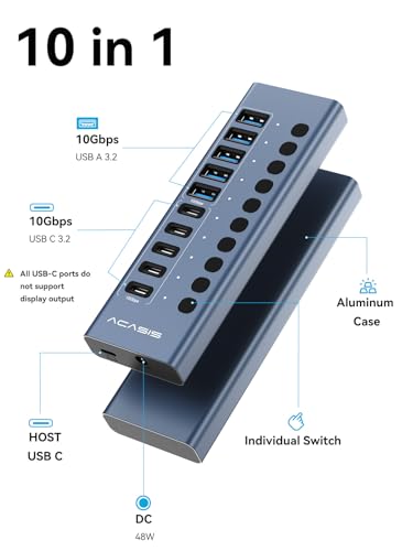 ACASIS 10 Ports Powered USB 3.2 Hub (5 USB-A 3.2 +5 USB-C 3.2), 10Gbps | Individual On/Off Switch for Each Port • Aluminum Housing • Better Heat Dissipation • Plug & Play • 48W Power Adapter - size: 10 Ports