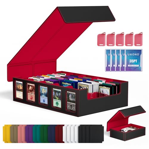 UAONO 5-Row Trading Card Storage Box with Commander Display, Black Red | 3900+ Card Box with Removable Cover, Card Case Fits MTG TCG Sports Cards, 48 Dividers, 5 Stoppers, 5 Top Loaders, Dice Box - color: Black&Red, size: 5 row