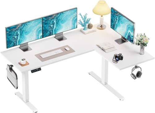 HUANUO Dual Motor 71x48 inch L Shaped Electric Standing Desk with 3 Preset Heights, Electric Height Adjustable Computer Table, 2 Hooks & Cable Tray, Raising Desk for Home Office, White - color: White, size: 71" x 48"