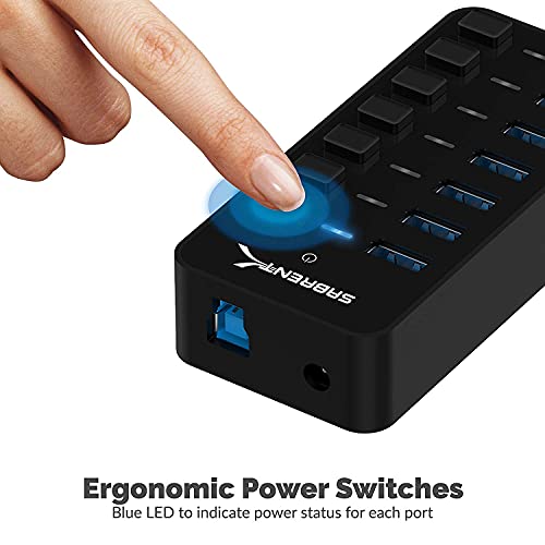 SABRENT 36W 7-Port Powered USB 3.0 Hub, Switches & LEDs (HB-BUP7) | Individual power switches + LEDs; includes 36W 12V/3A power adapter - size: 7-Port - 7 USB 3.0