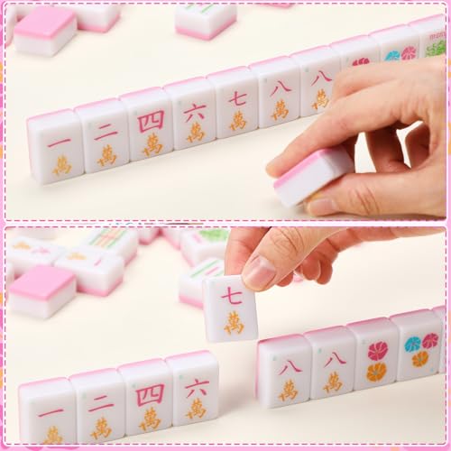 Soulchen American Mahjong Tiles Accessories Set 160 Pieces 1.2 Inches American Mahjong Tiles Game Set with Waterproof PVC Clear Zippered Storage Holder Bag for Game Lover Gift(Hot Pink) - color: Hot Pink, style: Flowers