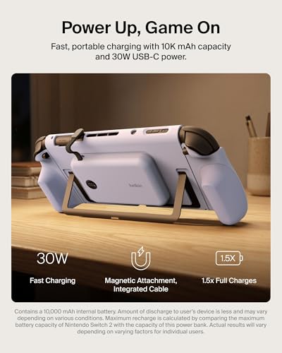 Belkin Nintendo Switch 2 Case Grip, 30W 10000mAh Magnetically Attachable Power Bank with Digital Display, Dockable, Quick-Release, Kickstand Compatible Ergonomic Non-Slip Protective Travel Case - color: Lilac, style: Charging Grip