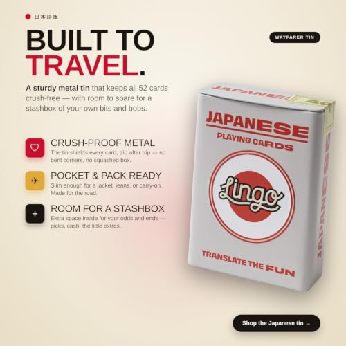Lingo Japanese Playing Cards in Premium Travel Tin | Learn Japanese Vocabulary & Phrases for Adults & Beginners | Luxury Gift Box for Japan Travelers & Anime Fans | Language Flashcard Deck