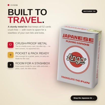 Lingo Japanese Playing Cards in Premium Travel Tin | Learn Japanese Vocabulary & Phrases for Adults & Beginners | Luxury Gift Box for Japan Travelers & Anime Fans | Language Flashcard Deck