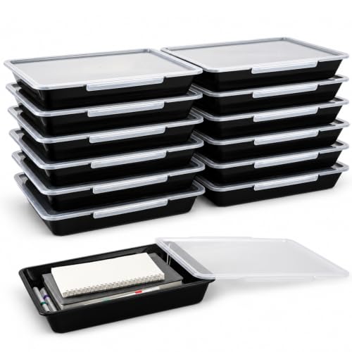 12 Pack Flat Storage Paper Tray with Clear Latching Lid Letter Size Organizer Bin Tray Plastic Latching File Organizer for Classroom Library School Office Teacher Desktop Book Organization (Black) - color: Black