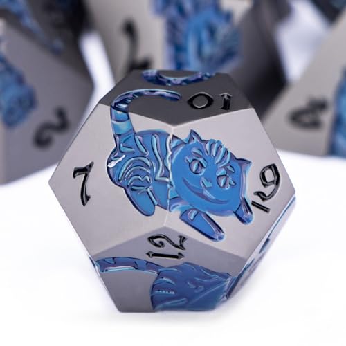 Metal DND Cat Dice 7PCS Polyhedral RPG Dice Set with Gift Case for Dungeons Dragons Role Playing Game, D and D Dice D6 D8 D10 D12 D20 D% (Grey Blue) - color: Cat-grey Blue