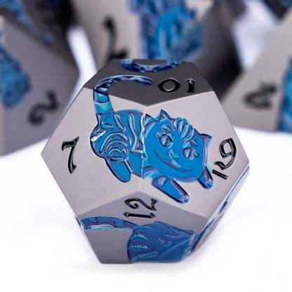 Metal DND Cat Dice 7PCS Polyhedral RPG Dice Set with Gift Case for Dungeons Dragons Role Playing Game, D and D Dice D6 D8 D10 D12 D20 D% (Grey Blue) - color: Cat-grey Blue