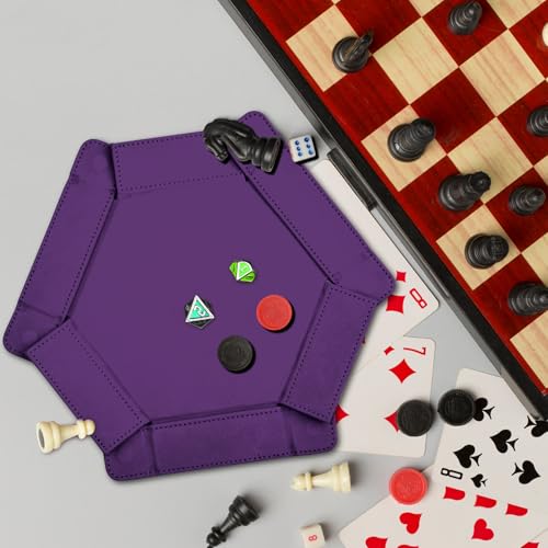 SIQUK Magnetic Folding Dice Tray Hexagon Dice Rolling Tray PU Leather Dice Trays Foldable Dice Holder Dice Rolling Mat Storage Box for D&D RPG Dice Games, Violet - color: Violet