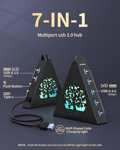 7-Port USB 3.0 Hub, Vertical USB Hub Splitter with RGB Lighting, 5Gbps High-Speed Data Transfer and 2FT Extension Cable, Compatible with Laptop, PC, Desktop, MacBook, PS5, Xbox, Flash Drive - color: 2-Tree Black