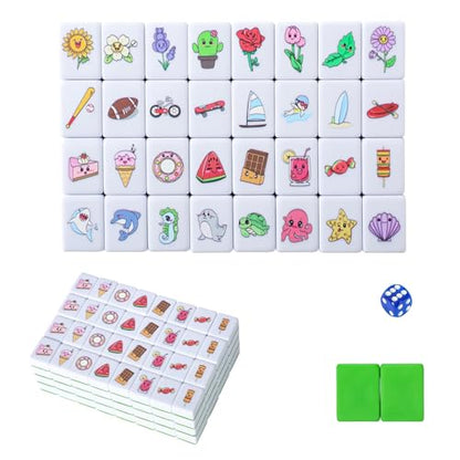 GRACIAS 4 Players Mahjong Block Set, 128 Green Tiles(1.18”) with 4 Different Patterns, Portable Mahjong Set with A Carry Bag & English Instruction, Mahjong Tile Game
