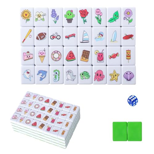 GRACIAS 4 Players Mahjong Block Set, 128 Green Tiles(1.18”) with 4 Different Patterns, Portable Mahjong Set with A Carry Bag & English Instruction, Mahjong Tile Game