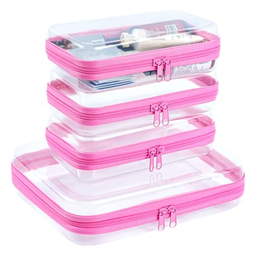 4 pcs Clear Zipper Pouches, Hard Shell Zipper Case, Makeup Organizer | Travel Toiletry bag, Diaper Bag, Travel Organizer, Clear Cosmetic Bag,Toy Storage Bins (M+3S Pink) - color: Pink, size: M+3S