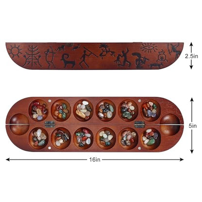 Offelec Wooden Mancala Board Game Set, Large 15.8 Inch Folding Board with 100 Multi Color Stones, 2-Player Classic Family Strategy Game for Kids & Adults, Portable Travel Mancala with Instructions - color: Upgraded Large Mancala Board