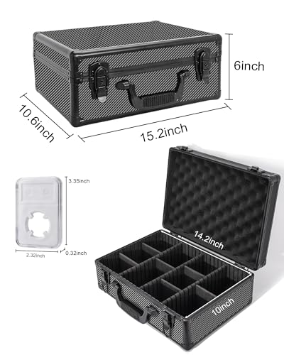 LOCKCURX Carbon Fiber Coin Storage Box & Coin Case – Holds 120 NGC/PCGS Graded Slabs or 1400 Coin Capsules, Dual Key Lock with 6 Removable Dividers, Customizable Silver Coin Storage for Collectors