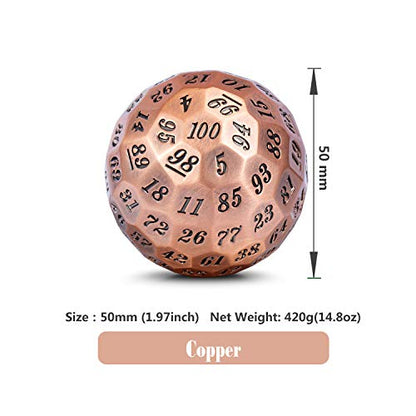 DNDND Metal D100 Dice 50mm Single 100 Sided Polyhedral Dice with Metal Case and Velvet Pouch(Copper with Black Number) - color: Copper With Black Number