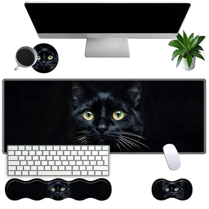 Large Gaming Mouse Pad Set with Wrist Support – 31.5" x 11.8" 4-in-1 XXL Mousepad with Keyboard Wrist Rest, Mouse Wrist Rest & Coaster – Ergonomic Desk Mat for Office, Home – Black Cat - color: Black Cat