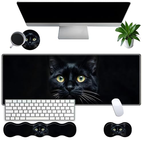 Large Gaming Mouse Pad Set with Wrist Support – 31.5" x 11.8" 4-in-1 XXL Mousepad with Keyboard Wrist Rest, Mouse Wrist Rest & Coaster – Ergonomic Desk Mat for Office, Home – Black Cat - color: Black Cat