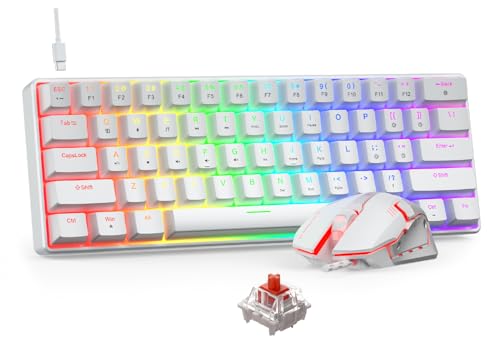 BlueFinger 60% Mechanical Gaming Keyboard and Mouse Combo - RGB Rainbow Backlit 61 Keys Red Switch Keyboard & 4 DPI LED Gaming Mouse, USB Wired Set for PC Laptop Xbox PS4 PS5, White - color: White