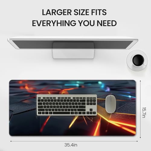 Large Gaming Mouse Pad, Abstract Geometric Orange and Blue Pattern, Extended 35.4 x 15.7 Inches, Non-Slip Rubber Base, Stitched Edges, XXL Desk Mat - color: With Abstract Geometric Design