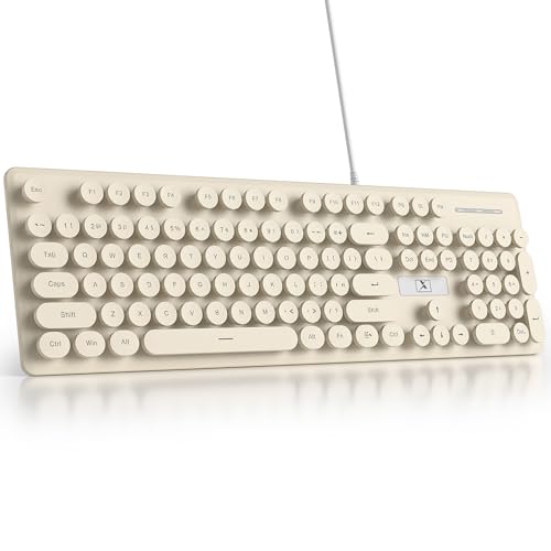 Fogruaden Wired Retro Typewriter Keyboard, Quiet Full Size Membrane Keyboard Light Up, Cute Computer Keyboards, 104 Round Keys, Blue LED Backlit, Slim, Silent for Windows PC, Laptop - color: Yellow Khaki