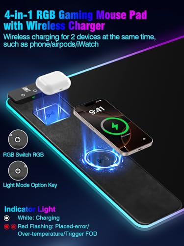 Mouse Pad with Magnetic Wireless Charging, Large Desk Pad Protector, RGB Black Desk Mat with 15W Fast Charger, Non-Slip Waterproof Mousepad for Office Home Gaming - color: Black-31.5"x15.8"