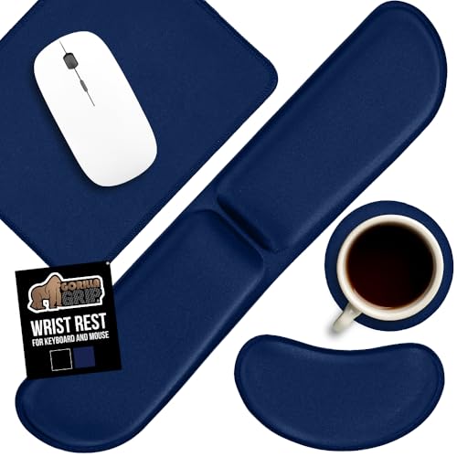 GORILLA GRIP Silky Memory Foam Keyboard Wrist Rest and Mouse Pad for Computer, Ergonomic Typing Support, Desk Office Supplies Gaming Accessories, Hand & Arm Mousepad Cushions and Coaster Set Navy Blue - color: Navy Blue, size: Set of 4 (2 Wrist Rests + Co